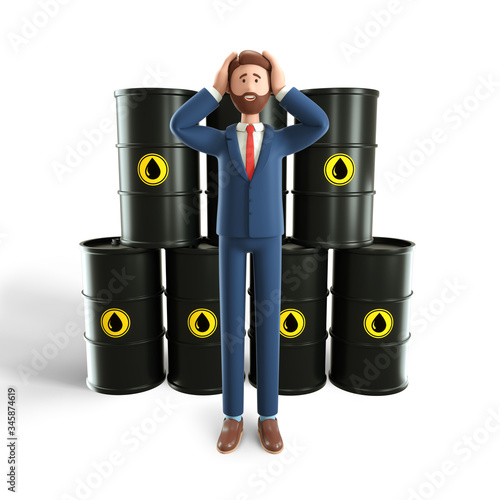 Disappointed bearded businessman with huge oil reserve. 3D illustration concept of glut in oil market, global financial crisis. Man clutching his head and panicking, barrels, isolated on white.