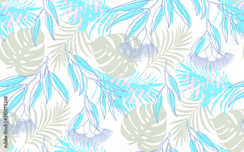 Seamless illustration pattern of tropical leaves, dense jungle. Banner with tropic summertime motif may be used as background texture, wrapping paper, textile or wallpaper design. 