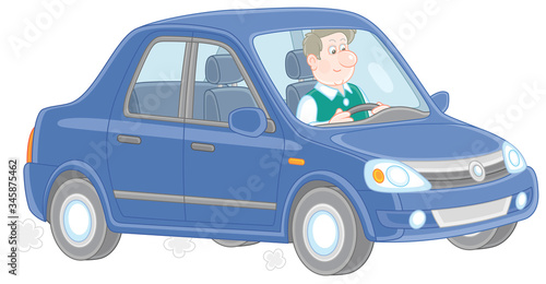 Friendly smiling young man driving his new beautiful car, vector cartoon illustration on a white background