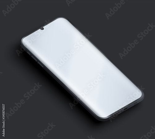 Smartphone presentation mockup. Sample frameless model smartphone with notch on black background. Technology application mockup. Vector Illustration