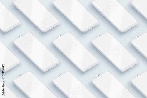 Smartphones UI layout mockup in perspective. Many example white smartphones. Technology application mockup. Vector Illustration