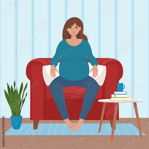 Pregnant woman resting on armchair. Cute vector illustration in flat style