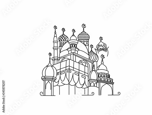 Holy Kaaba in Mecca Saudi Arabia, Flat Line Art Vector illustration.