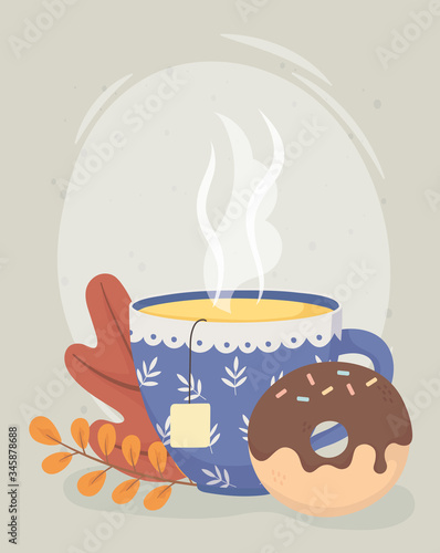 tea time, tea cup with teabag herbs and sweet donut