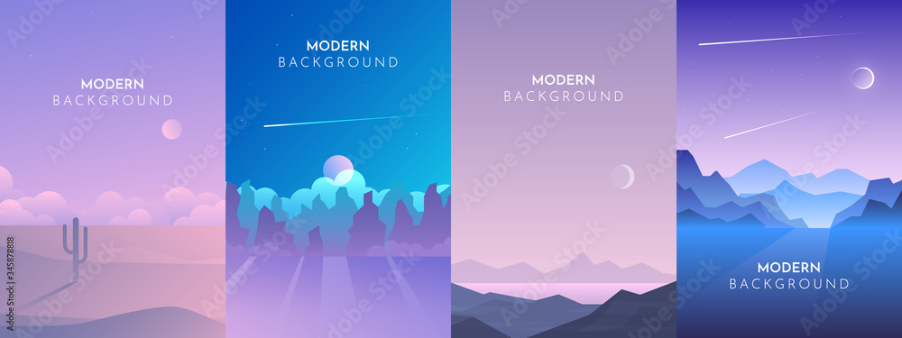 Vector backgrounds. Minimalist style. Flat concept. 4 landscapes collection. Mountains lake, Night desert, Moonlight night, Starry sky