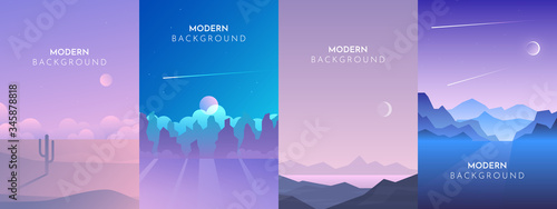 Vector backgrounds. Minimalist style. Flat concept. 4 landscapes collection. Mountains lake, Night desert, Moonlight night, Starry sky