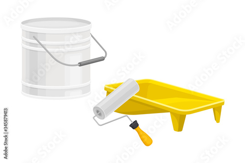 Bucket of Paint with Paint Roller Rested Nearby Vector Illustration