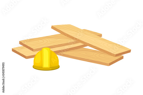 Pile of Wooden Planks and Hard Hat Rested Nearby Vector Illustration