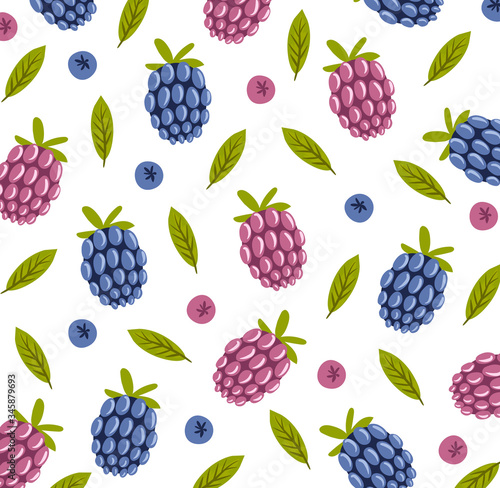 Blackberry  vector pattern background. Design artistic doodle element for card, print, template, wallpaper, texture. Background with raspberry and blackberry on white. Vector illustration.