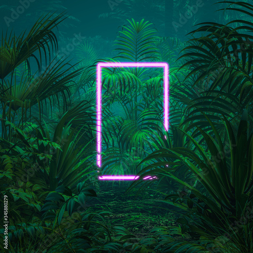 Neon tropical portal / 3D illustration of surreal glowing rectangular portal floating in lush green jungle