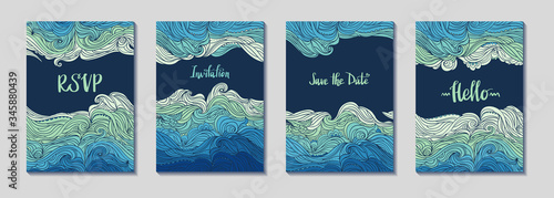 Set of four vertical waves borders. Elegant wavy striped frame. Hand-drawn banners in doodle style. Template for cards, invitations, flyers or posters. Text. EPS 10.