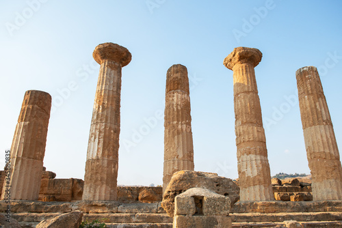 Valley of the Temples (Valle dei Templi), an ancient Greek Temple built in the 5th century BC, Agrigento, Sicily. Famous tourist attraction in Italy. Ruins of marble columns of the Doric order. 