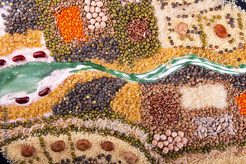 Food background. Stylized food map of various Legumes, sereals, beans, grain and seeds. Kind of lentils, bulgur, mash, chickpeas, sunflower seeds, couscous, rice.