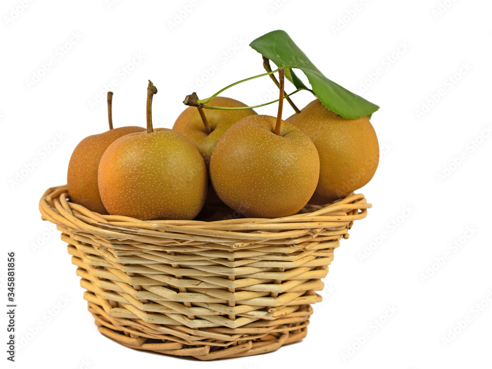 Nashi-Birnen, Pyrus pyrifolia, im Korb,isoliert vor weißem Hintergrund Nashi-Birnen, Pyrus pyrifolia, im Korb,isoliert vor weißem Hintergrund