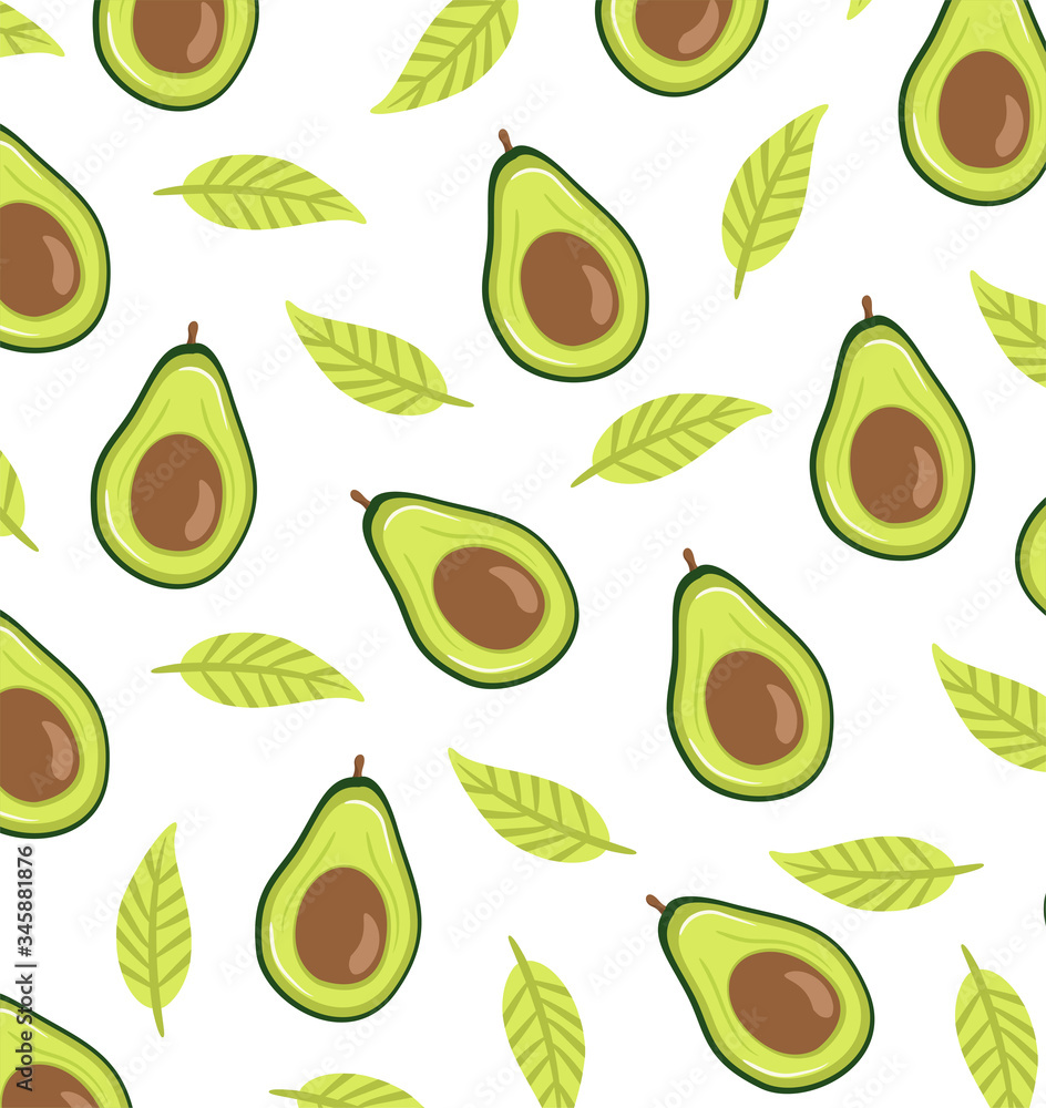 Seamless avocado pattern, avocado slices, leaves on white background. Vegan food vector icons. Print, texture, healthy eating. Wrapping paper or fabric. Seamless avocado pattern, avocado slices, leaves on white background. Vegan food vector icons. Print, texture, healthy eating. Wrapping paper or fabric.