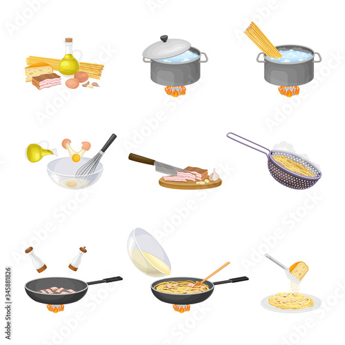 Cooking Tasty Pasta Carbonara Steps with Boiling in Saucepan and Dressing with Cheese Vector Set