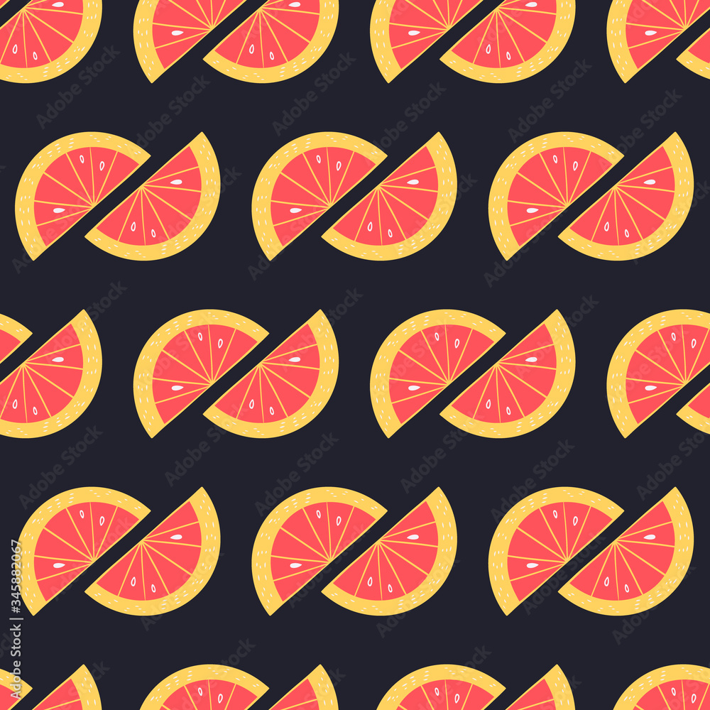Grapefruit slice seamless pattern. Citrus fruit backgroung in colorful cartoon style. Juicy tasty appetizing illustration. Vector black wallpaper for food design and textile. Grapefruit slice seamless pattern. Citrus fruit backgroung in colorful cartoon style. Juicy tasty appetizing illustration. Vector black wallpaper for food design and textile.