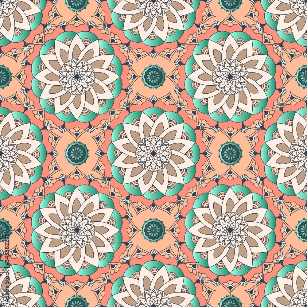 Hand drawn seamless pattern vector of ornate mandala with floral elements. Colorful mosaic for design tile, cards, invitations, wallpaper, wrapping paper. Ethnic, islam, arabic, indian, ottoman motifs Hand drawn seamless pattern vector of ornate mandala with floral elements. Colorful mosaic for design tile, cards, invitations, wallpaper, wrapping paper. Ethnic, islam, arabic, indian, ottoman motifs
