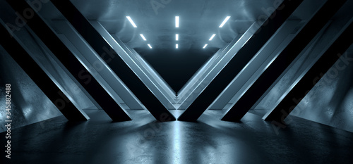 Fototapeta Naklejka Na Ścianę i Meble -  Grunge Concrete Underground Tunnel Corridor Glossy Reflective Columns Cement Asphalt TRiangle Shaped Tilted Background Hallway Warehouse 3D Rendering