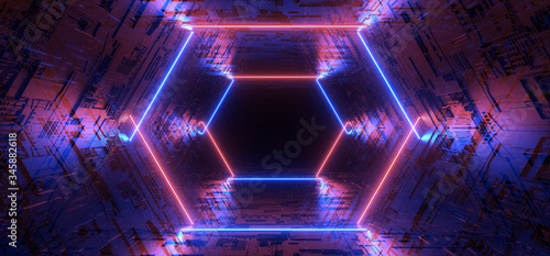 Fototapeta Naklejka Na Ścianę i Meble -  Sci Fi Futuristic Schematic Textured Tunnel Corridor Alien Spaceship Cyberpunk Purple Blue Glowing Laser Neon Vibrant Cyber Background Virtual Reality 3D Rendering