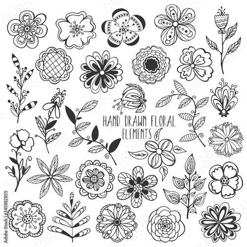 Spring set of floral elements. Hand drawn doodle sketch of blooming flowers, leaves with patterns. Vector for design card, invitation, children's coloring book, Birthday, Womens day or Valentines Day