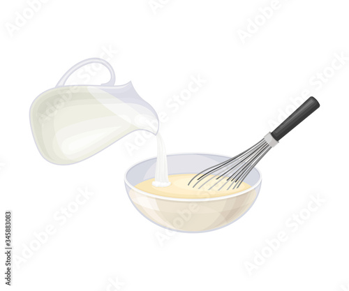 Mixing of Ingredients for Cooking Pancakes with Pouring Milk Vector Illustration