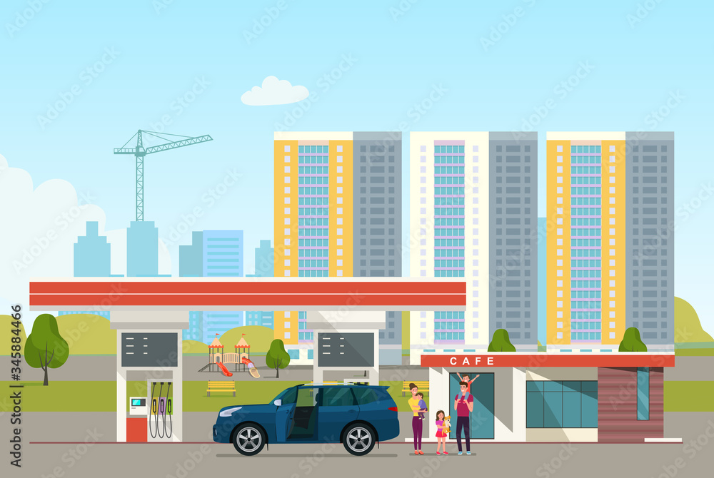 Gas station on against the background of the city landscape and a car with family. Vector flat style illustration.