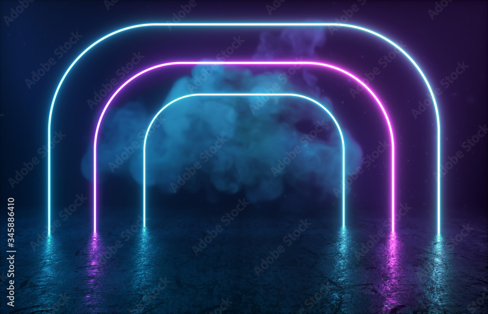 Fototapeta premium Futuristic Sci-Fi Modern empty stage. Reflective concrete room with glowing neon and cloud. 3d render.