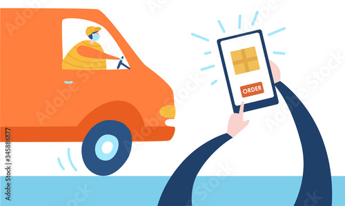 Vector illustration Order delivery from phone. Person makes purchase online and receives the boxes near apartment door. Safe express delivery service. Self isolation and quarantine lifestyle.