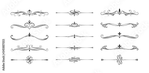 Hand drawn calligraphic vintage  dividers. Swirl victorian borders.  Vector isolated royal decor separators. Classic wedding invitation filigree lines.