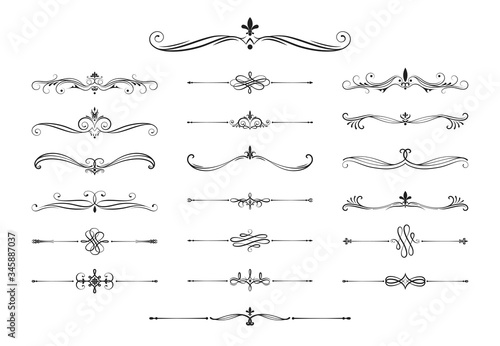Hand drawn calligraphic dividers. Swirl victorian borders.  Vector isolated royal decor separators. Classic wedding invitation calligraphic lines.