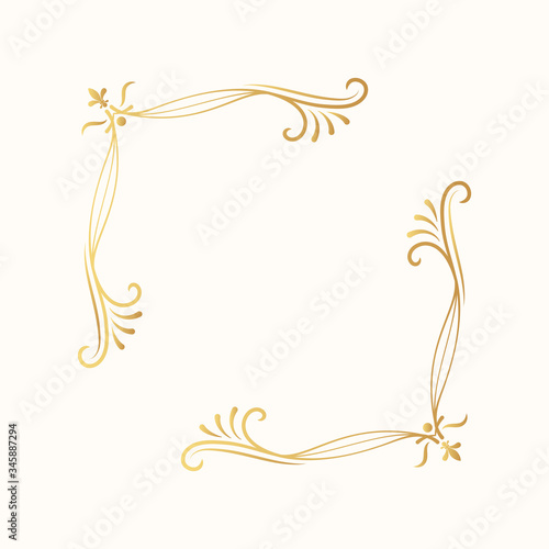 Hand drawn golden vintage corner. Ornate gold frame. Vector isolated royal swirl border. Classic wedding invitation template.