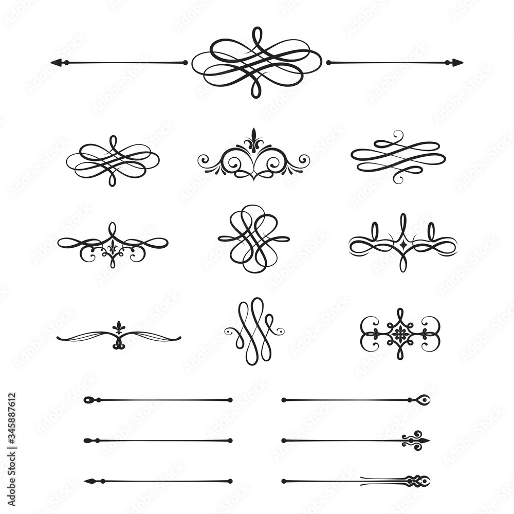 Vintage text dividers. Filigree borders. Vector isolated swirl elements