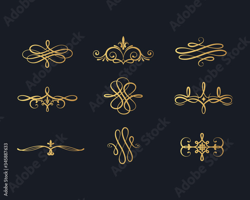 Gold vintage text separators. Golden filigree borders.  Vector isolated swirl dividers. Classic wedding invitation calligraphic lines.