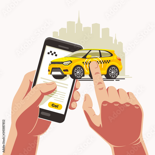 Order a yellow taxi car via an app on a smartphone in one touch. The finger carries the cab directly to the destination.