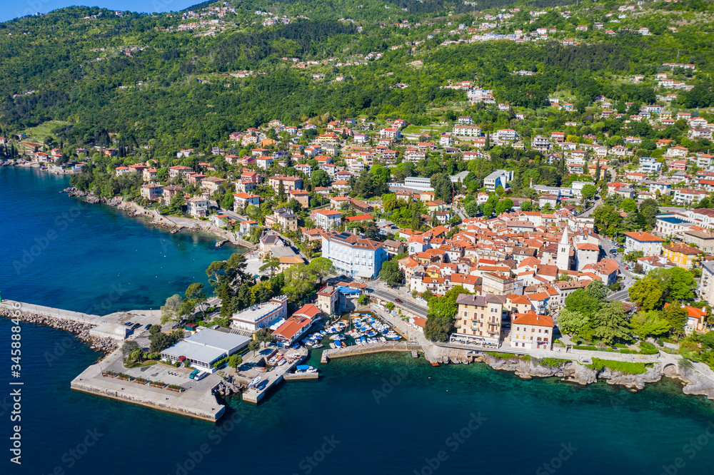 Croatia, Adriatic coast, beautiful old town of Lovran, historic center and coastline aerial view, Kvarner bay
