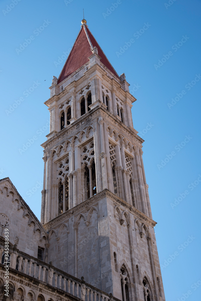 Cathedral tower in Trogir, port and historical city on the Adriatic sea coast, Split-Dalmatia region, Croatia, Europe.