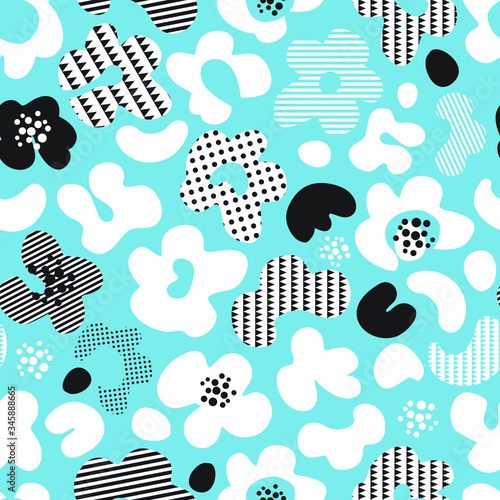Cute seamless pattern with abstract geometric decorative flowers in flat childish doodle style on blue background. Creative vector texture design for wrapping paper, art and fabric print, wallpaper.