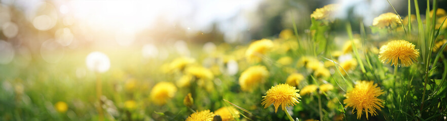Foto auf Acrylglas Gelb Viele gelbe Löwenzahnblumen auf der Wiese in der Natur im Sommer Nahaufnahme Makro in Sonnenstrahlen bei Sonnenuntergang Sonnenaufgang. Helles Sommerlandschaftspanorama, farbenfrohes künstlerisches Bild, ultrabreites Bannerformat.  © Laura Pashkevich