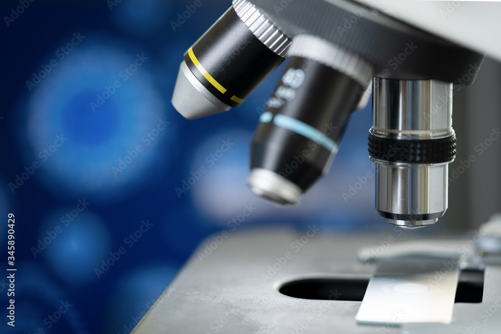 Close-up microscope with metal lens for laboratory research. Close-up microscope with metal lens for laboratory research.