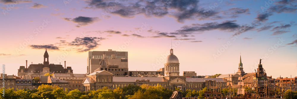 Panorama of the city skyine of Old Montreal at sunset, Quebec, Canada