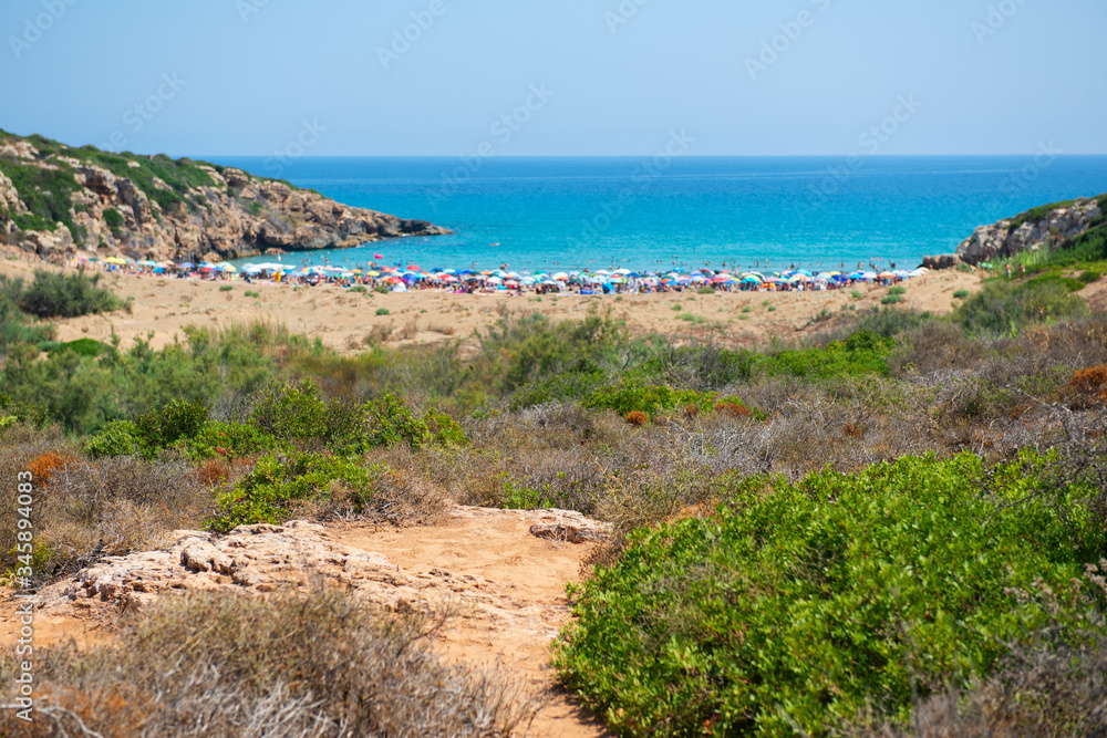 Beach in Sicily, Italy. People swiming in turquoise blue sea water and sunbathe in the sun. Summer vacation, lifestyle, recreation. Focus is on foreground grass