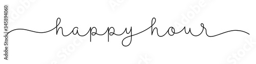 HAPPY HOUR black vector monoline calligraphy banner with swashes