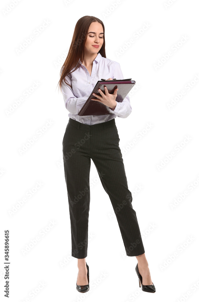 Beautiful young secretary on white background Beautiful young secretary on white background