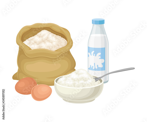Ingredients for Cooking Pancakes with Flour Sack and Bottle of Milk Vector Illustration
