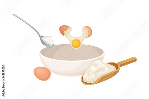 Mixing of Ingredients for Cooking Pancakes with Flour and Eggs Vector Illustration