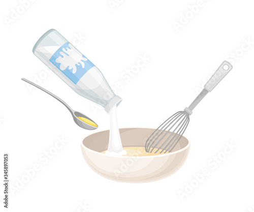 Mixing of Ingredients for Cooking Pancakes with Adding Milk and Oil Vector Illustration