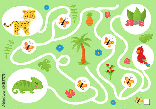 Educational maze game for preschool children. Help the chameleon collect all butterfly. Cute kawaii jungle animals and tropical plants. Activity worksheet. Learn count and write.