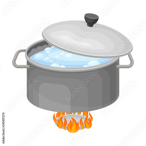 Cooking Rice Process with Saucepan on Burner with Boiling Water Inside Vector Illustration