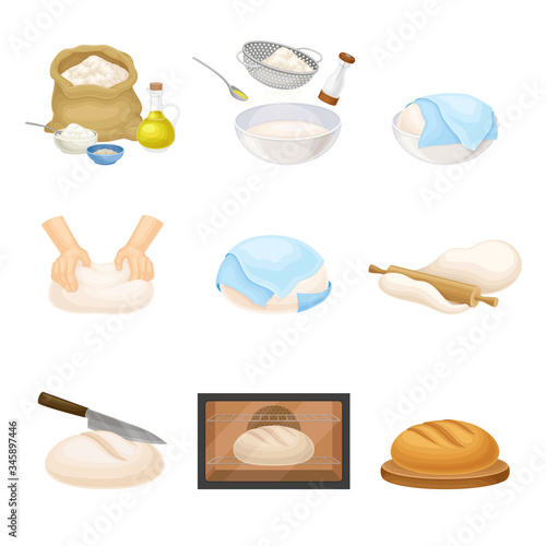 Kneading and Rolling Out Dough for Bread Cooking Vector Set